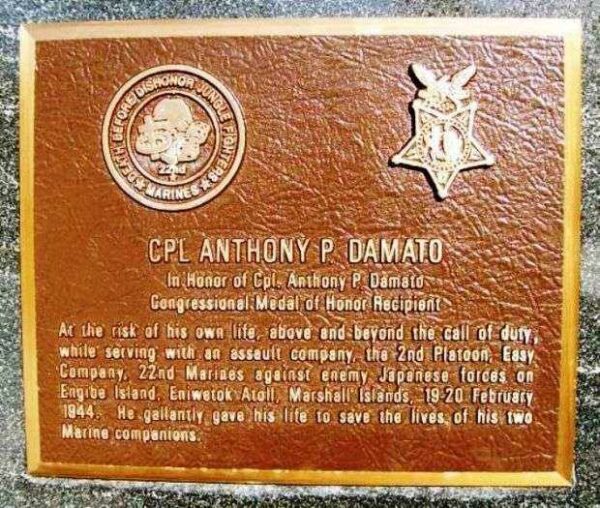 CPL ANTHONY P. DAMATO MEDAL OF HONOR WAR MEMORIAL PLAQUE