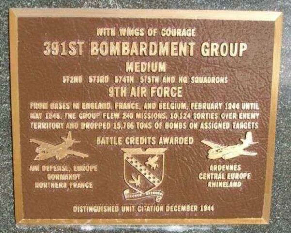 391ST BOMBARDMENT GROUP WAR MEMORIAL PLAQUE