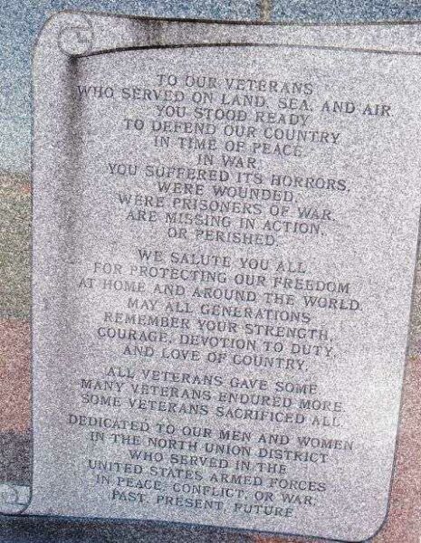 NORTH UNION DISTRICT VETERANS MEMORIAL MONUMENT BAC