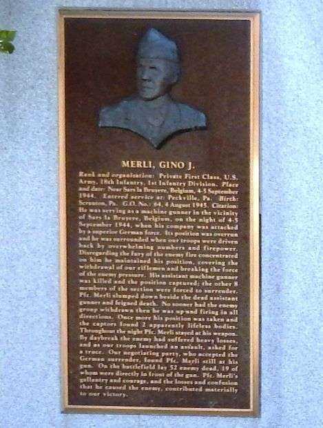 GINO J. MERLI MEDAL OF HONOR WAR MEMORIAL PLAQUE