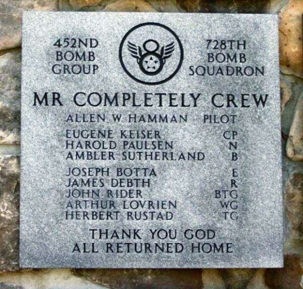 “MR COMPLETELY CREW” B-17 WAR MEMORIAL PLAQUE