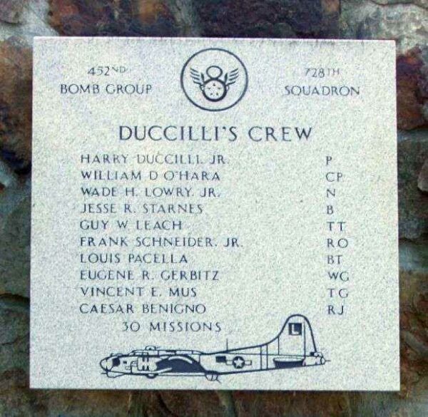 “DUCCILLI’S CREW” B-17 WAR MEMORIAL PLAQUE