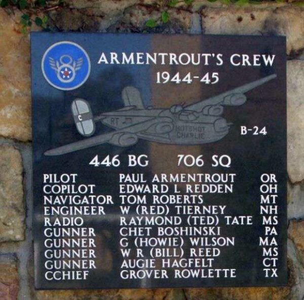 “ARMENTROUT’S CREW” B-24 WAR MEMORIAL PLAQUE