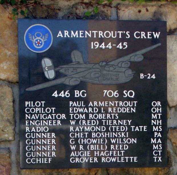 “ARMENTROUT’S CREW” B-24 WAR MEMORIAL PLAQUE