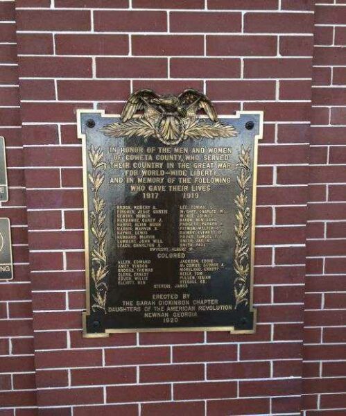 COWETA COUNTY WORLD WAR I MEMORIAL PLAQUE