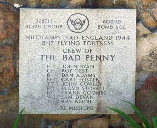 “THE BAD PENNY” B-17 WAR MEMORIAL PLAQUE
