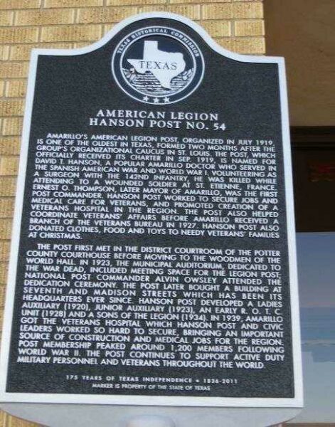 AMERICAN LEGION HANSON POST NO. 54 MEMORIAL PLAQUE