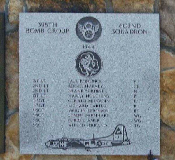 1ST LT. PAUL RODERICK PILOT & CREW WAR MEMORIAL PLAQUE