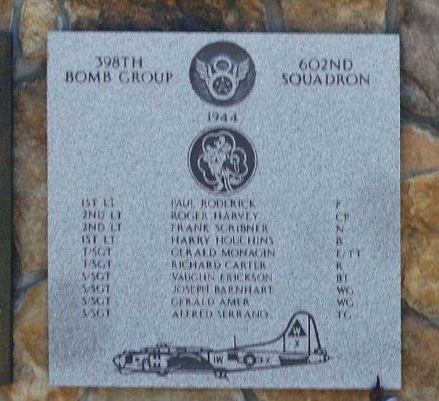 1ST LT. PAUL RODERICK PILOT & CREW WAR MEMORIAL PLAQUE