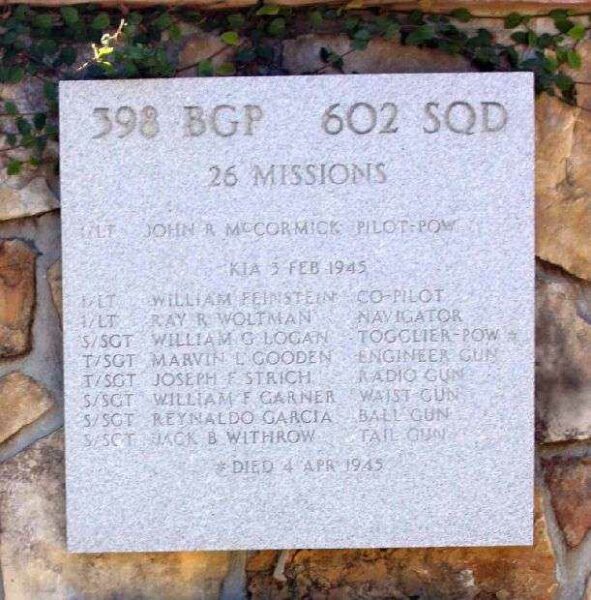 26 MISSIONS LT. MCCORMICK WAR MEMORIAL PLAQUE