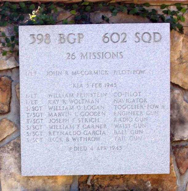 26 MISSIONS LT. MCCORMICK WAR MEMORIAL PLAQUE