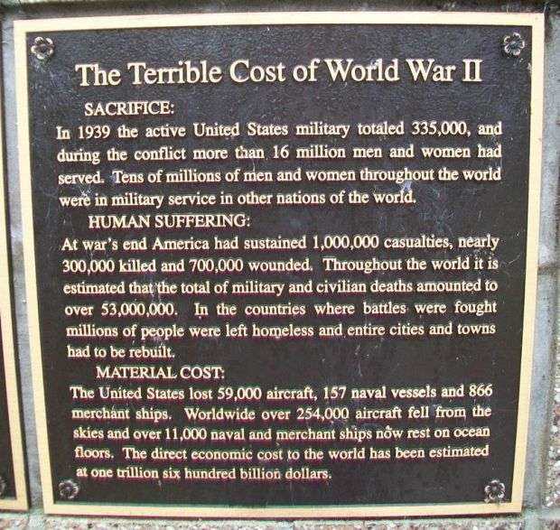 THE TERRIBLE COST OF WORLD WAR II MEMORIAL PLAQUE