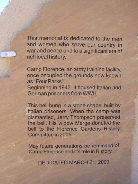CAMP FLORENCE MEMORIAL ARCH PLAQUE