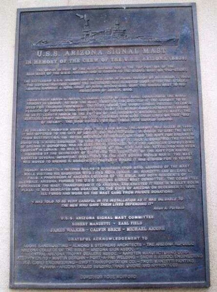 U.S.S. ARIZONA SIGNAL MAST MEMORIAL PLAQUE