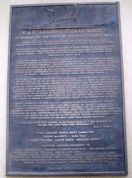 U.S.S. ARIZONA SIGNAL MAST MEMORIAL PLAQUE