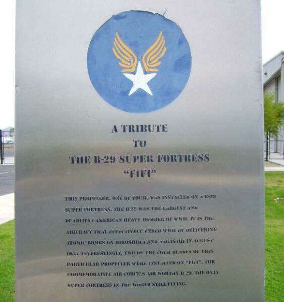 A TRIBUTE TO THE B-29 SUPER FORTRESS “FIFI” MEMORIAL PROPELLER PLAQUE