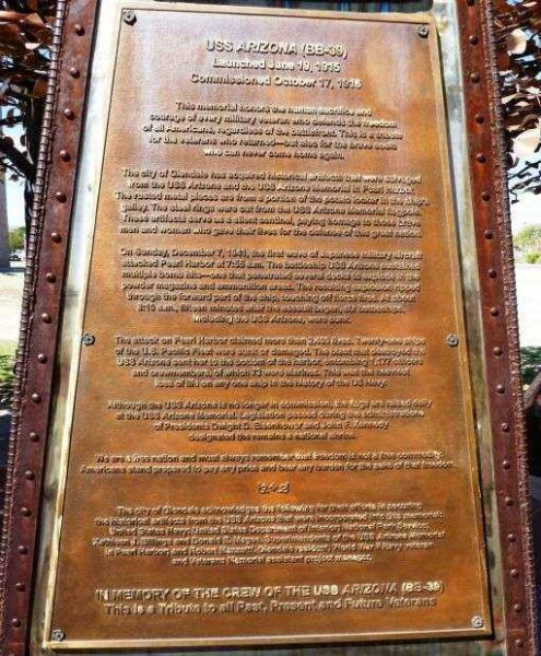 CITY OF GLENDALE VETERANS MEMORIAL PLAQUE