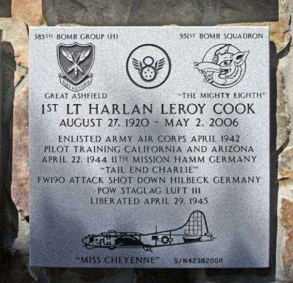 1ST LT. HARLAN LEROY COOK WAR MEMORIAL PLAQUE