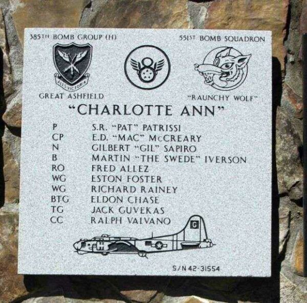 “CHARLOTTE ANN” B-17 WAR MEMORIAL PLAQUE