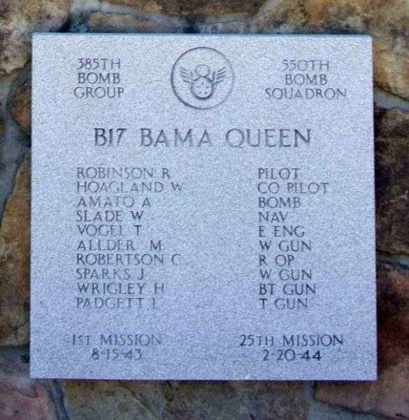 “BAMA QUEEN” B-17 WAR MEMORIAL PLAQUE