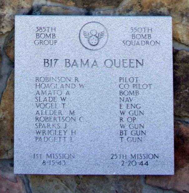 “BAMA QUEEN” B-17 WAR MEMORIAL PLAQUE