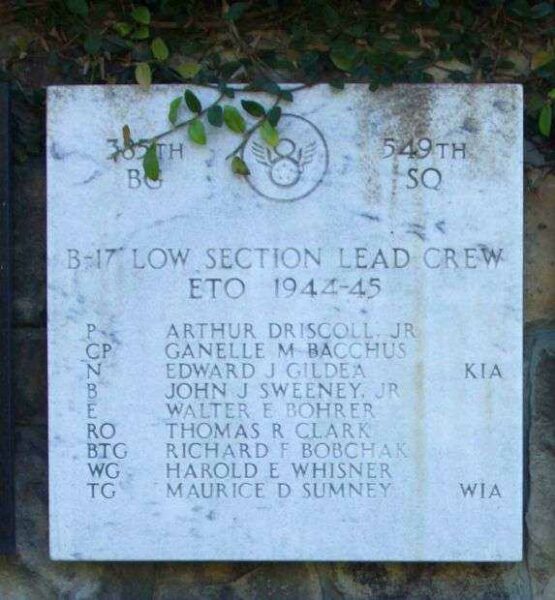 B-17 LOW SECTION LEAD CREW WAR MEMORIAL PLAQUE