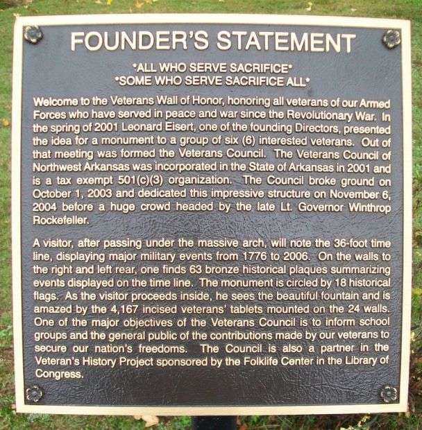 VETERANS WALL OF HONOR FOUNDER’S STATEMENT MEMORIAL PLAQUE
