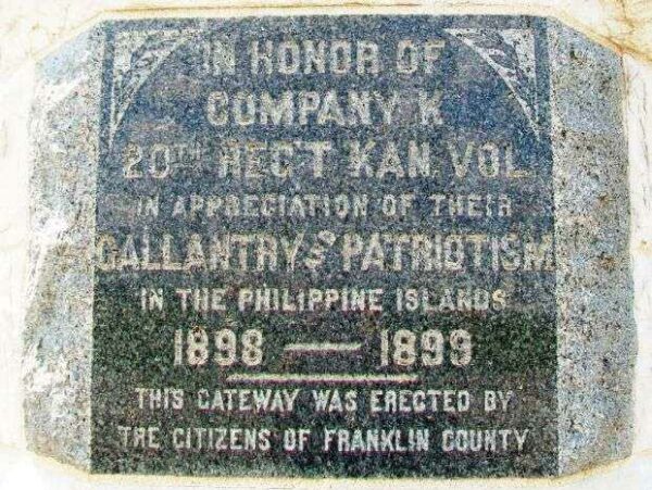 COMPANY K, 20TH REGIMENT KANSAS VOLUNTEERS MEMORIAL GATES DEDICATION STONE