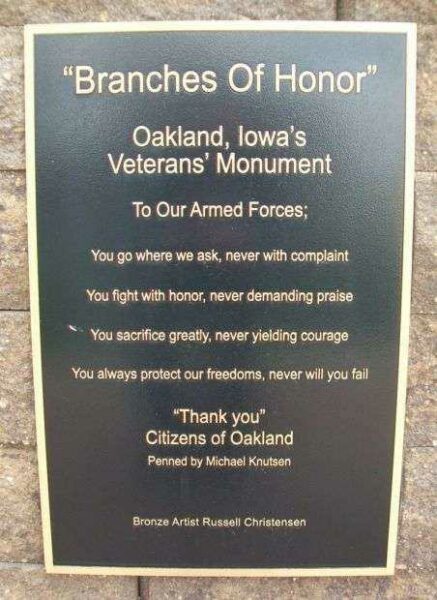 OAKLAND, IOWA’S VETERANS’ MONUMENT PLAQUE