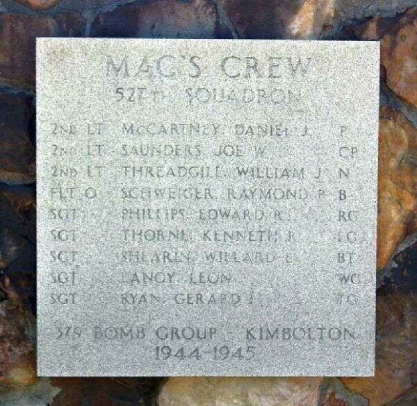 “MAC’S CREW” B-17 WAR MEMORIAL PLAQUE