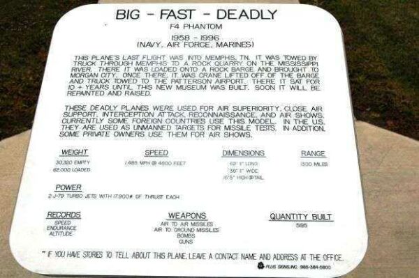 BIG-FAST-DEADLY F4 PHANTOM MEMORIAL AIRCRAFT PLAQUE
