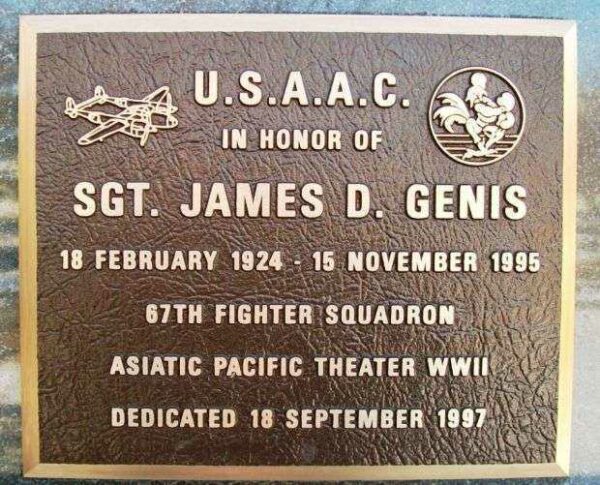 SGT. JAMES D. GENIS WAR MEMORIAL PLAQUE