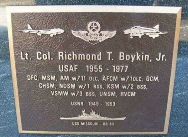 LT. COL. RICHMOND T. BOYKIN, JR. WAR MEMORIAL PLAQUE