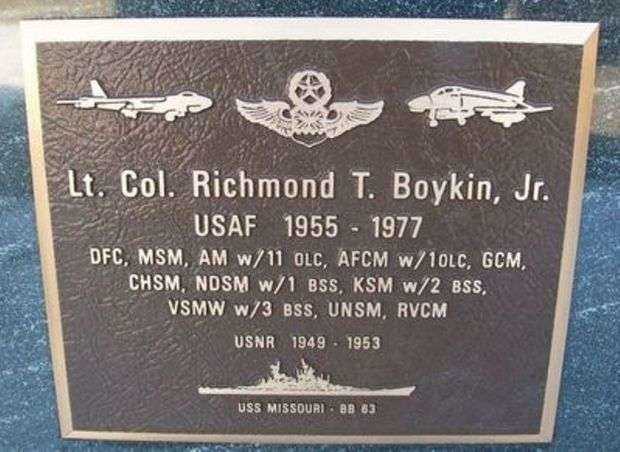 LT. COL. RICHMOND T. BOYKIN, JR. WAR MEMORIAL PLAQUE