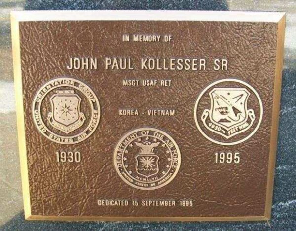 JOHN PAUL KOLLESSER SR WAR MEMORIAL PLAQUE