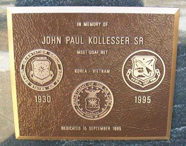 JOHN PAUL KOLLESSER SR WAR MEMORIAL PLAQUE
