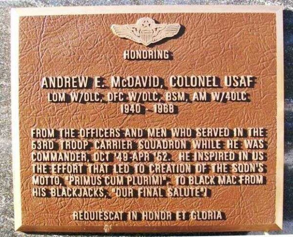 ANDREW E. MCDAVID, COLONEL USAF WAR MEMORIAL PLAQUE