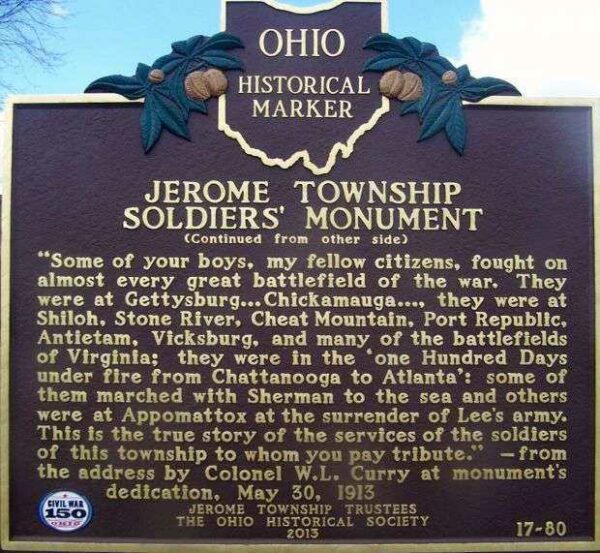 JEROME TOWNSHIP SOLDIERS’ MONUMENT MARKER BACK