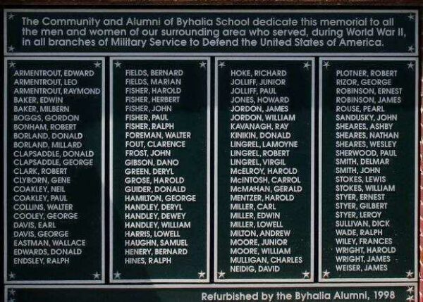 BYHALIA SCHOOL WORLD WAR II VETERANS MEMORIAL PLAQUE