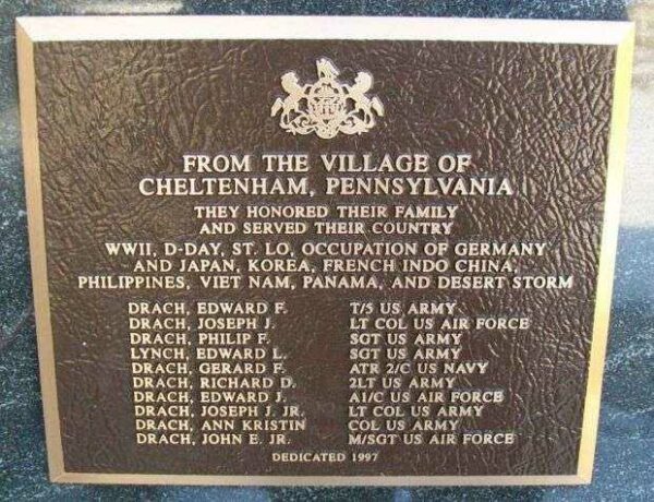 VETERANS FROM THE VILLAGE OF CHELTENHAM, PENNSYLVANIA WAR MEMORIAL PLAQUE