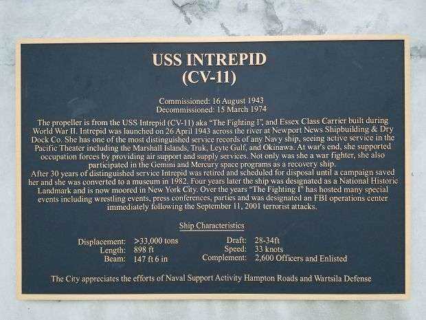 USS INTREPID (CV-11) WAR MEMORIAL PROPELLER PLAQUE