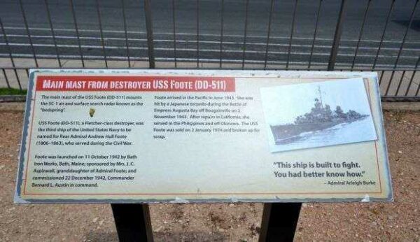 MAIN MAST FROM DESTROYER USS FOOTE (DD-511) MEMORIAL PLAQUE