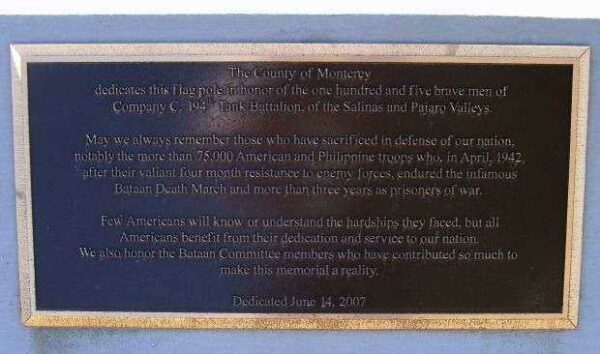 COMPANY C, 194TH TANK BATTALION WAR MEMORIAL FLAGPOLE PLAQUE