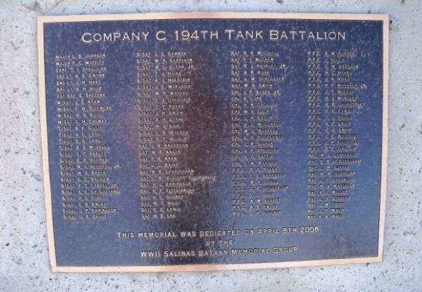 COMPANY C 194TH TANK BATTALION WAR MEMORIAL PLAQUE D