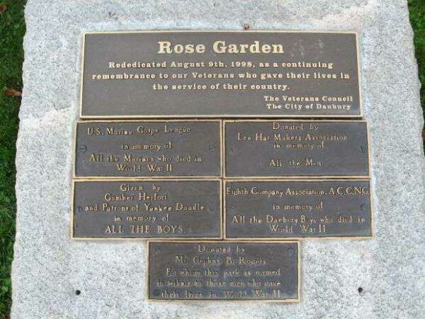 DANBURY MEMORIAL ROSE GARDEN REDEDICATION PLAQUE