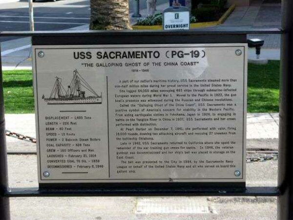 USS SACRAMENTO (PG-19) MEMORIAL BELL PLAQUE