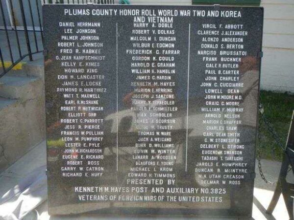PLUMAS COUNTY HONOR ROLL WORLD WAR TWO AND KOREA AND VIETNAM MEMORIAL