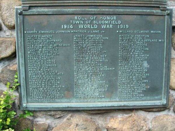 TOWN OF BLOOMFIELD WORLD WAR I HONOR ROLL MEMORIAL PLAQUE