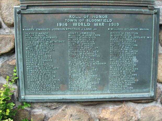 TOWN OF BLOOMFIELD WORLD WAR I HONOR ROLL MEMORIAL PLAQUE