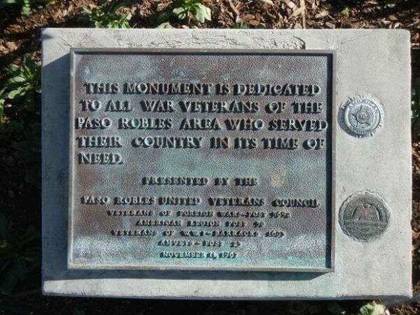 PASO ROBLES WAR VETERANS MEMORIAL PLAQUE